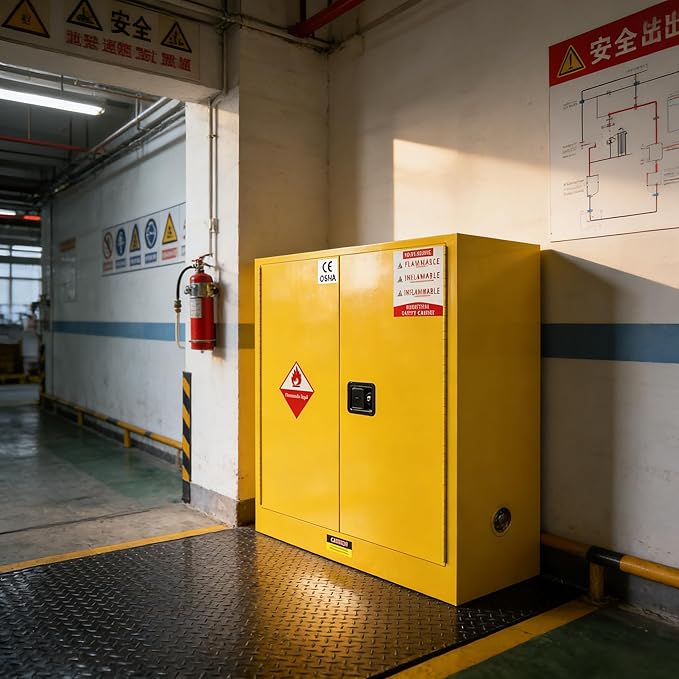 170 Gallon Galvanized Steel Flammable Storage Cabinet, 53" H x 46" D x 21" W Fireproof Cabinets Adjustable Shelf 2 Manual Closing Doors, 3 Point Locker Cabinet for Industry and Home Use Yellow