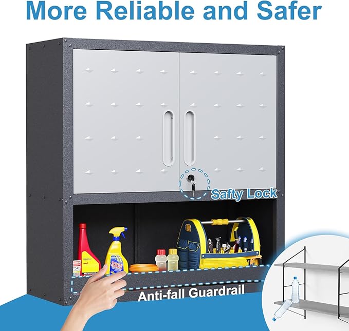 Garage Cabinet Wall Mounted with Doors and Opening Drawer, Heavy Duty Metal Garage Wall Cabinets Hanging Cabinets with Lock Tool Cabinet for Kitchen Warehouse, Assembly Required