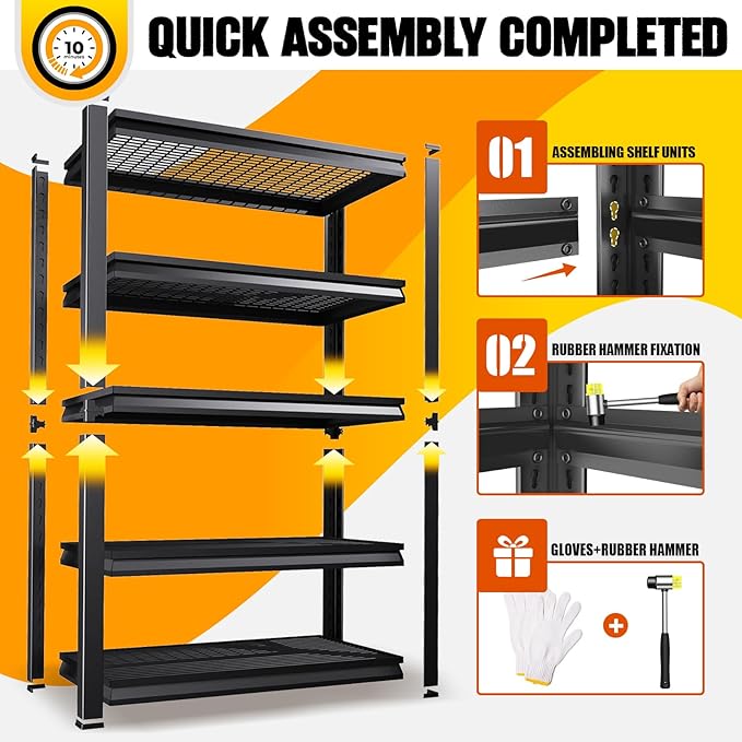 Garage Shelving 5-Tier Adjustable Metal Garage Shelves Heavy Duty Unit,3000 LBS Steel Shelf Storage Rack Suitable for Industries,Warehouses,Basement,Black(Wire-72'H x 45.7''W x 19.6''D)