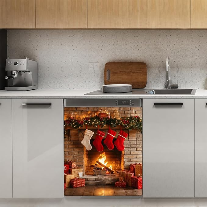 Christmas Fireplace Dishwasher Magnet Cover for The Front Dishwasher Door Cover Panel Decals Magnetic Refrigerator Cover for Kitchen Farmhouse Home Decor（23 X 26 in）