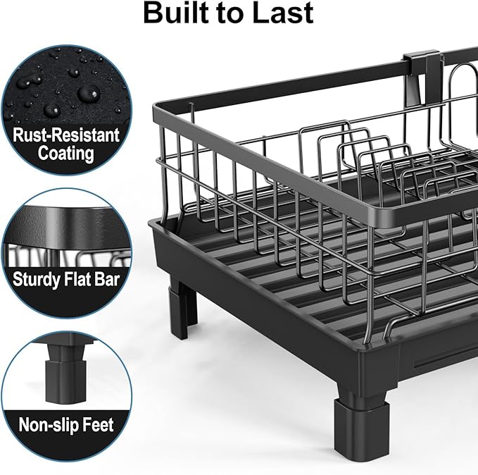 GSlife Expandable Dish Drying Rack for Kitchen Counter - Compact Rust-Resistant Dish Racks with and Cup Holder for Small Apartment, 12.2" W x 12"-19.5" L, Black
