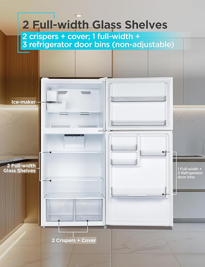 BLACK+DECKER 20.1 Cu. Ft. Top Mount Refrigerator with Ice Maker, 2-Door Refrigerator with Top Freezer, Freezer with Icemaker and Adjustable Temperature Control, ENERGY STAR, BR2010JIMW, White