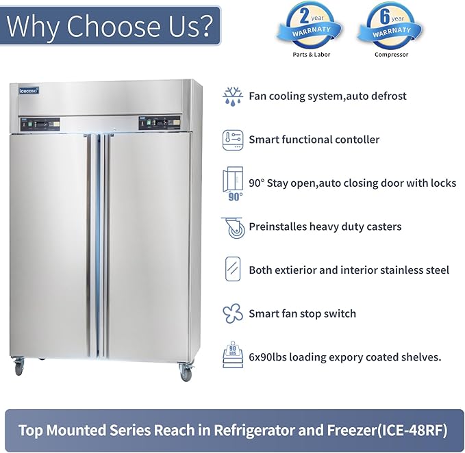 ICECASA 48" W Commercial Refrigerators and Freezer Combo Reach-in 36 Cu.ft 2 Solid Door Stainless Steel Refrigerators and Freezer Combo Fan Cooling for Restuarant, Bar, Shop, etc