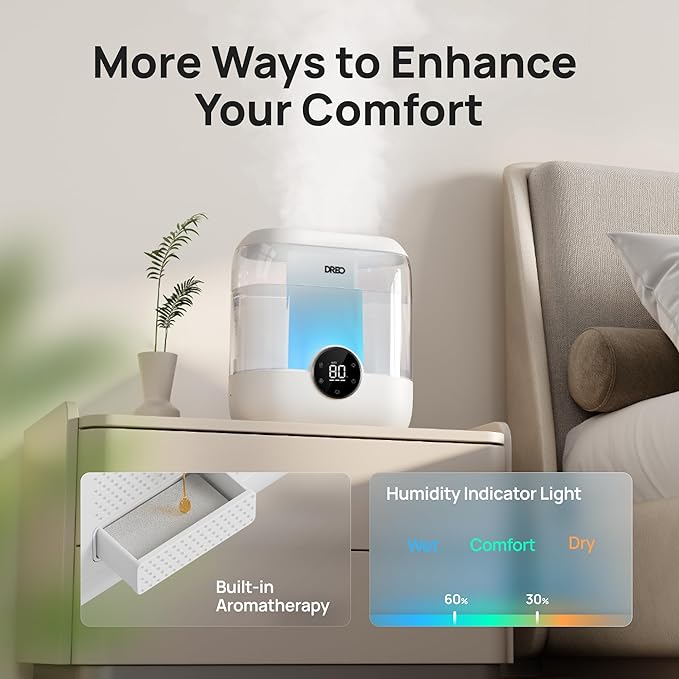 DREO 6L Top Fill Humidifiers for Bedroom, 60H Runtime 28 dB Quiet Supersized Cool Mist Air Humidifiers for Large Room, Baby Nursery, Plant, Indoor, Night Light, Easy to Clean, Precise Humidity Control