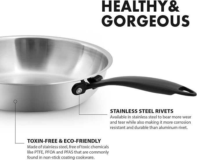GrandTies Full-Clad Tri-Ply Stainless Steel Frying Pan Induction Cookware – 10 Inch Stainless Steel Skillet, Marquina Black Metal Handles Kitchen Cooking Pan, Dishwasher and Oven Safe Pots and Pans