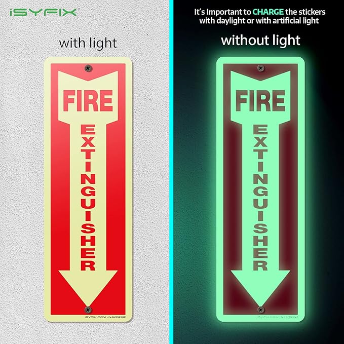 iSYFIX Fire Extinguisher Sign – 2 Pack 4x12 Inch – 100% Rust Free .040 Aluminum Signs, Glow in the Dark Laminated for Ultimate UV, Weather, Scratch, Water and Fade Resistance, Indoor and Outdoor