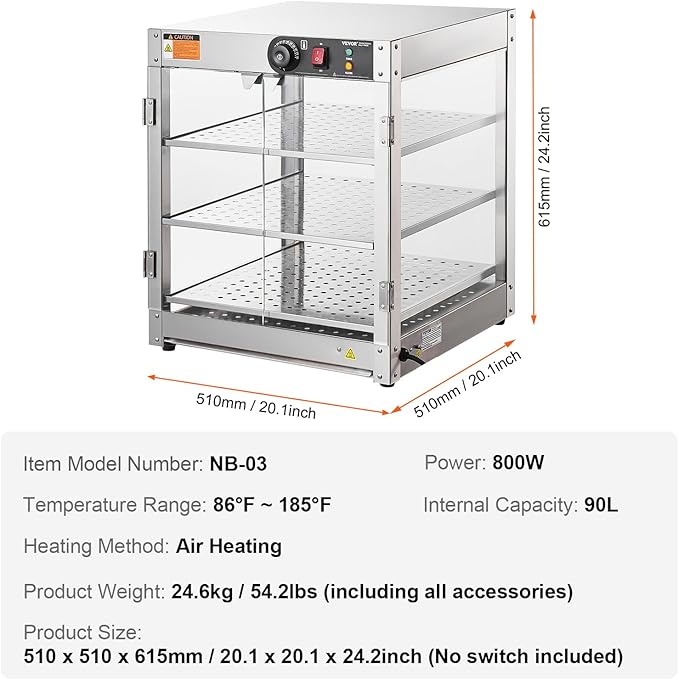 VEVOR 3-Tier Commercial Food Warmer Display, 800W Food Display Warmer with Light to Enhance Food Display, 86℉~185℉ Temperature Control, 90L Large Capacity for Hamburger, Pizza, Bread, Fried Chicken