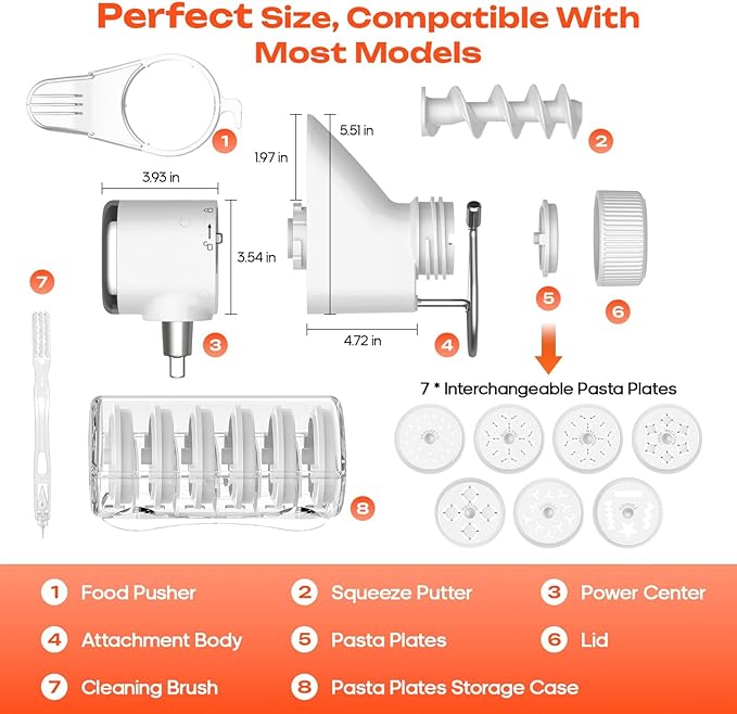 Gourmet Pasta Press Attachment for KitchenAid Stand Mixers, Pasta Maker for Kitchenaid Mixer With 7 Interchangeable Pasta Plates, For Kitchenaid Pasta Attachment