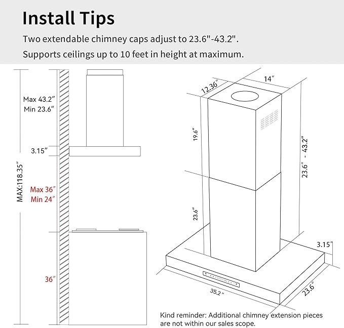 IKTCH Upgrated 36 inch Island Mount Range Hood, 900 CFM Ducted Range Hood with 4 Speed Fan, Stainless Steel with Gesture Sensing & Touch Control Making life Smarter IKIS02-36