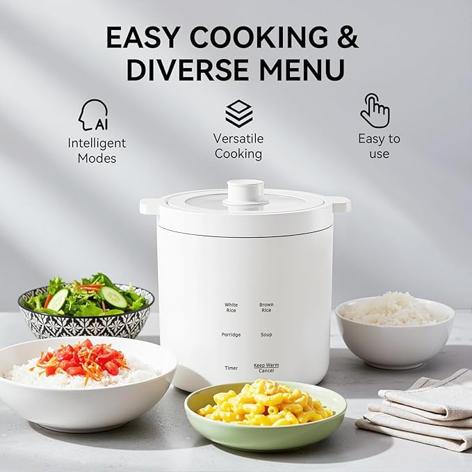 Rice Cooker 2 Cup Uncooked, Mini Rice Cooker Small Electric Cooker with 4 Cooking Functions, 24 Hour Preset, Heat Preservation, Non-Stick Ceramic Coating for 1-2 People