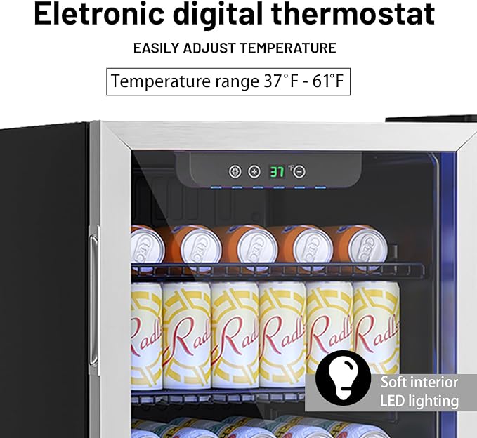 3.2 Cu.ft Beverage Refrigerator Cooler, 126 Can Mini Fridge with Glass Reversible Door, Digital Temperature Display for Soda, Beer or Wine For Office Bar with Adjustable Removable Shelves