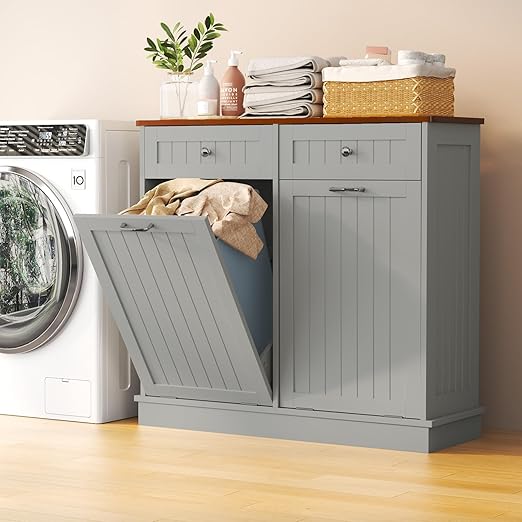 Tilt Out Trash Can Cabinet with Double Hidden Can Holder, Kitchen Free Standing Recycling Cabinet, Dog Proof, Wood, Gray