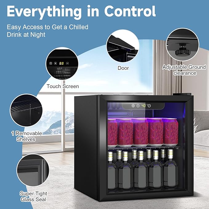 Stopasd Beverage Refrigerator Cooler, 1.3 Cu.Ft/60 Can Drink Fridge with Adjustable Shelves & Glass Door for Soda Wine Beer, Quiet Undercounter Small Fridge for Home/Office/Bar/Garage(40-61 ℉), Black