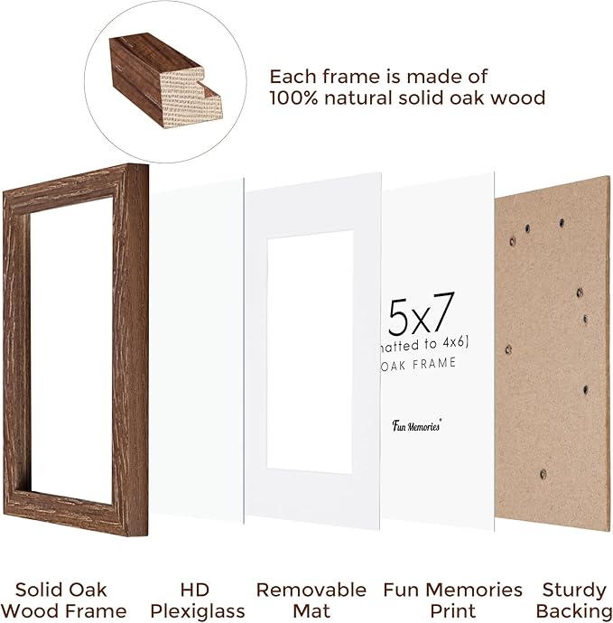 Fun Memories 5x7 Picture Frame, Solid Oak Wood 5 x 7 Frame with Plexiglass, 5 by 7 Photo Frame for Wall & Tabletop Display, 5x7 Picture Frame Matted to 4x6, Walnut Color, 1 Pack