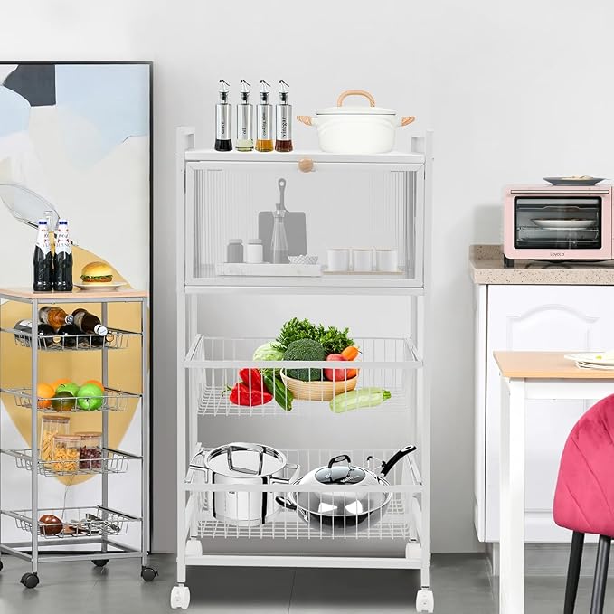 Bakers Rack for Kitchen with Storage, 4 Tier Kitchen Organizer Shelf for Vegetables, Fruits, Small Rice Cookers (White)