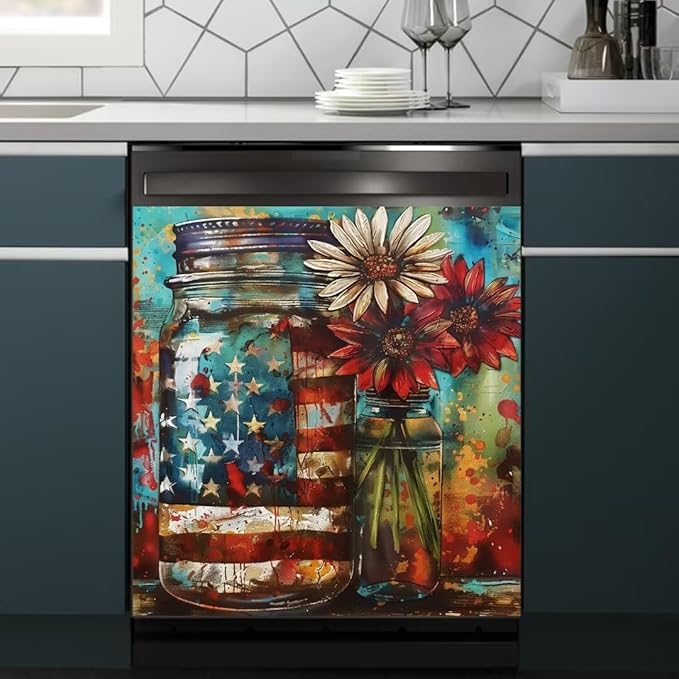 Farm Sunflower American Independence Memorial Day Dishwasher Magnet Cover,23" x 26" Dishwasher Cover,Magnetic Decal Vinyl Sticker Kitchen Decor Refrigerator Magnets Self Adhesive Wrap