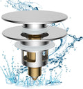 Hibbent All Metal 2 in 1 Bathroom Sink Stopper, Universal Pop Up Drain Strainer, Brass Bullet Core Push Type Sink Stopper for 1.1''~2.3'' Basin, Big Push Button, Anti Clogging Drain Filter, Chrome