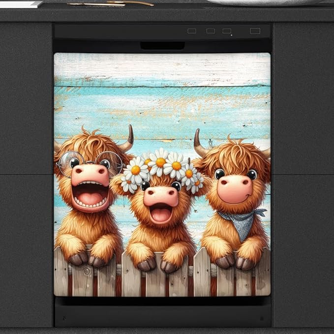 Cute Animal Highland Cow Dishwasher Magnet Cover Magnetic Dishwasher Decorative Cover Front Dishwasher Door Cover Reuseable Dishwasher Cover Panel for Kitchen Refrigerator Home Appliances 23" X 26"