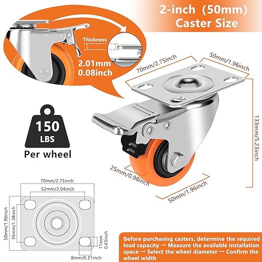Caster Wheels, 2" Casters Set of 4 Heavy Duty - Locking Casters Orange Polyurethane Wheel, Swivel Plate Caster with Brake, Non-Marking Castor Wheels for Carts Furniture and Workbench