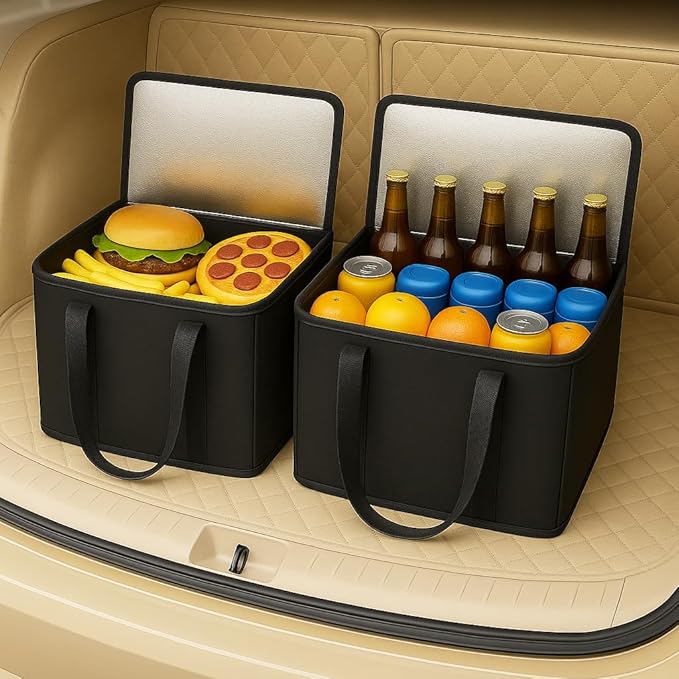 musbus 2Pk Trunk Organizer for Car Insulated Reusable Grocery Bags, Collapsible Cooler Bag for Groceries, Heavy Duty Large Insulated Bag (Large, Charcoal Black)