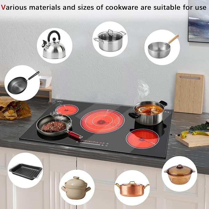 Karinear 36 Inch Electric Cooktop, 5 Burners Electric Stove Top, Built-in Glass Radiant Electric Ceramic Cooktop, Expandable Zones, Lock, Timer, Pause,9200W 220~240v Hardwired(No Plug)