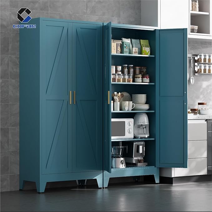 COFaR 71'' Tall Metal Pantry Cabinet, Kitchen Storage Cabinet with Doors and Shelves, Freestanding Farmhouse Food Cupboard for Kitchen Dinning Room Garage, Peacock Blue 5-Tier
