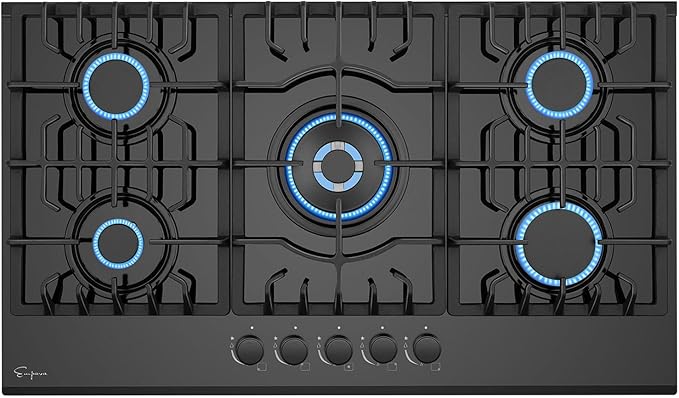 Empava 36 Inch Gas Stove Cooktop 5 Italy Sabaf Sealed Burners NG/LPG Convertible in Black Tempered Glass