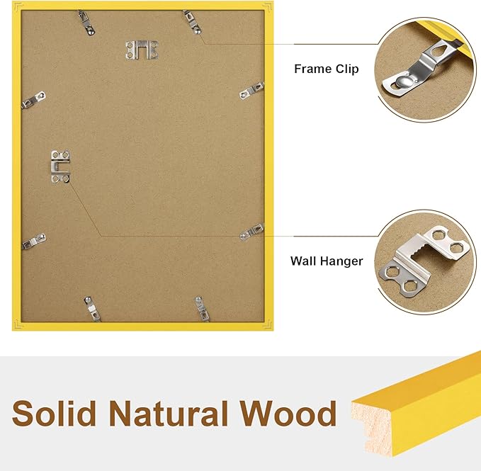 Vittanly 11x14 Picture Frame Set of 2, Solid Wood Frame for Wall Art Photo and Prints, Display Photo 8x10 with Mat or 11x14 without Mat, Yellow