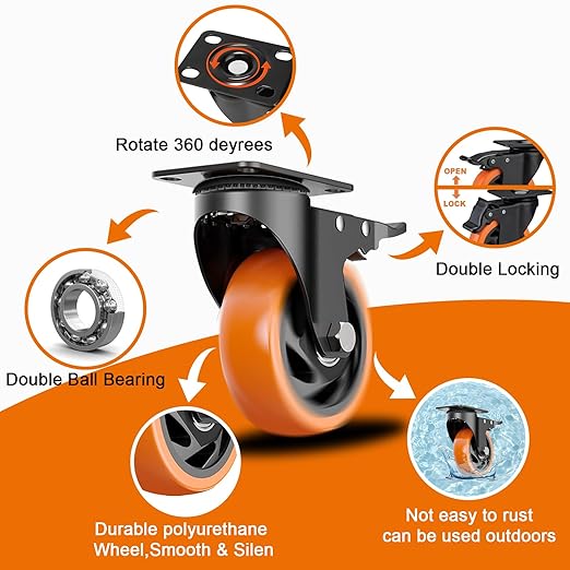 MSH&HCE 4 Inch Caster Wheels, Heavy Duty Break Casters Set of 4 Locking Casters Swivel Polyurethane(PU) Industrial Wheels, Quiet Caster Wheel for Cart Furniture and Workbench (Two Hardware Included)