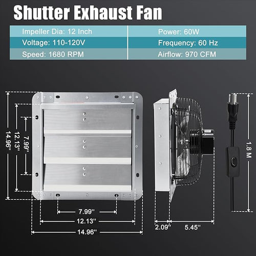 12 Inch Shutter Exhaust Fan for Garage, Greenhouse, Attic, Chicken Coop, Shop, Shed, Basement Ventilation, 970 CFM 1680RPM High Speed Wall Mounted Vent Fan with ON/OFF Switch 1.8M Power Cord Kit