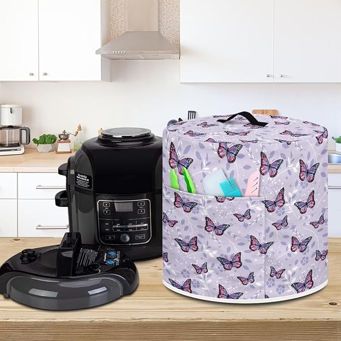 Flashideas Purple Butterfly Pressure Cooker Cover with Storage Pocket Compatible with 8 10 Quart Instant Pot, Durable Rice Cooker Air Fryer Accessories, Waterproof Kitchen Appliances Dust Cover
