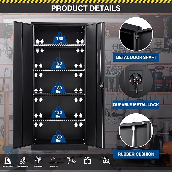 Metal Storage Cabinet-72” Black Tall Steel File Cabinets with Lockable Doors and Adjustable Shelves-Black Steel Storage Cabinet for Kitchen, Office, Garage