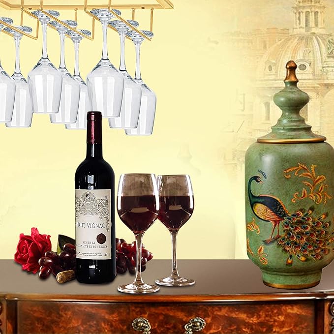 MOCOUM Under Cabinet Stemware Rack, Glass Hanger Rack - Wire Wine Glass Holder Storage Hanger for Cabinet, Kitchen, Bar
