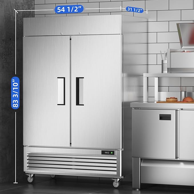 Coolski 54’’ Wide Commercial Refrigerator with 8 Shelves, Stainless Steel Reach-in Refrigerators with 49 Cu.Ft. Capacity 2 Solid Doors for Restaurant Cafe Garage, ETL NSF Approved