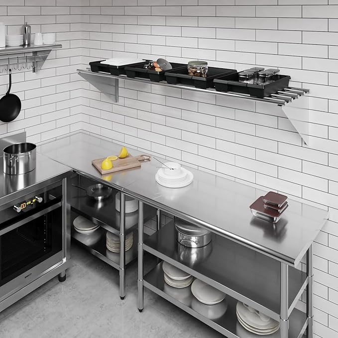 AmGood 18 in. x 72 in. NSF Stainless Steel Tubular Wall Shelf | Heavy-Duty Metal Shelving for Appliances & Equipment | Ideal for Kitchen, Restaurant, Garage, Laundry, Utility Room