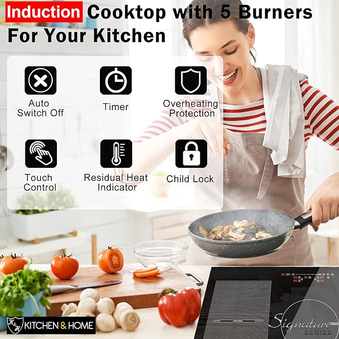 K&H 5 Burner Induction Cooktop - 36 Inch Built-In Electric Cermic Stove Top - 17 Heating Levels, 240V, 9400W High-Power Built-in Electric Stove Top - Child Lock, Timer & Touch Control - IN36-9400FLX