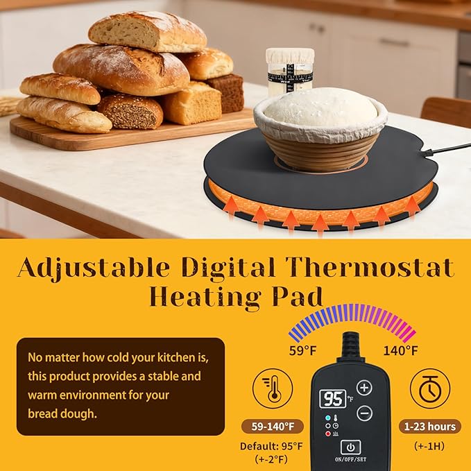 Sourdough Bread Heating Mad, 59°F - 140°F Adjustable Thermostat Bread Proofing Mat, Dough Riser Heating Mat Shortens Fermentation Time, for Bread making - 14" Round Sourdough Bread Warming Mad