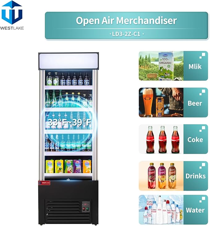 WESTLAKE Open Air Merchandiser Commercial Refrigerator with Night Curtain 16.6 Cu.ft 27.5” W 28.3" D Upright Fan Cooling Display Cooler for Stores, Supermarkets, Bar, Shops, etc