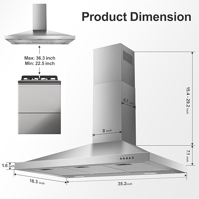 Tiesay Wall Mount Range Hood 36 inch with Ducted/Ductless Convertible Duct, Kitchen Hood Stainless Steel Chimney-Style Over Stove Vent Hood with LED Light, 3 Speed Exhaust Fan, 450 CFM