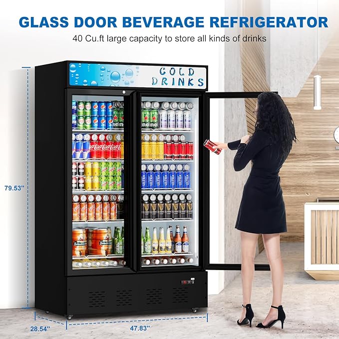 40 Cu.ft. Commercial Beverage Refrigerators Glass Door Refrigerator Upright Display Cooler with Soft LED Light and Adjustable Shelves for Restaurant Grocery Stores Home