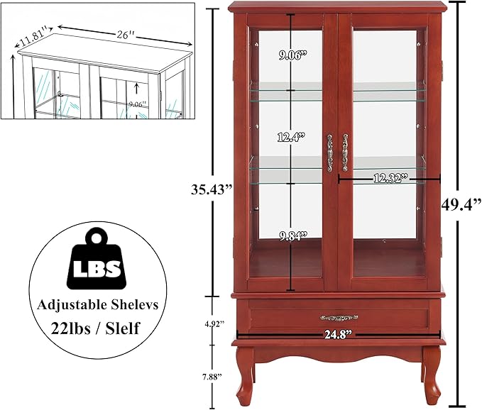 49" H Lighted Curio Cabinet Display Case, Glass Curio Cabinet with Adjustable Shelves,Tempered Glass Door and Drawer, Wooden Cabinets w/Mirrored Back Pane for Living Room (Cherry)