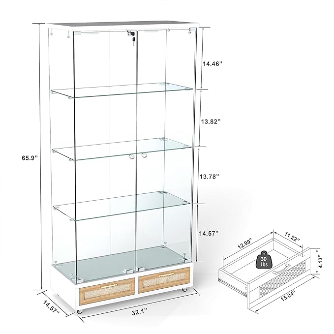 Yoluckea 4 Tier Glass Display Cabinet with LED Lighting and 2 Drawers, 2 Doors Floor Standing Curio Cabinet with Wheel for Home, Office, Corner Display, White Glass Bookshelf for Collections and Decor
