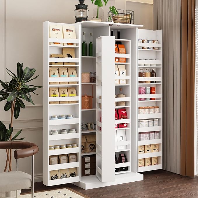 MOUMON Kitchen Pantry Storage Cabinet with Doors and Shelves, Rotating Racks, Tall Pantry Cabinet Cupboard with Door Racks, White, 19.7”D x 31.5”W x 72.2”H
