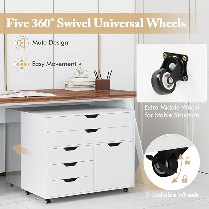 File Cabinet, White Filing Cabinet w/Universal Wheels, Wood Printer Stand w/Storage, Rolling File Cabinets for Home Office, Living Dining Room (White, 2 Large Drawers & 3 Small Drawers)