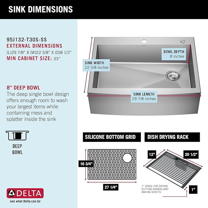 DELTA FAUCET Delta Lenta 30-inch Retrofit Farmhouse Apron Front 16 Gauge Stainless Steel Single Bowl Kitchen Sink for Undermount/Drop-In Installation with Accessories, 95J132-T30S-SS