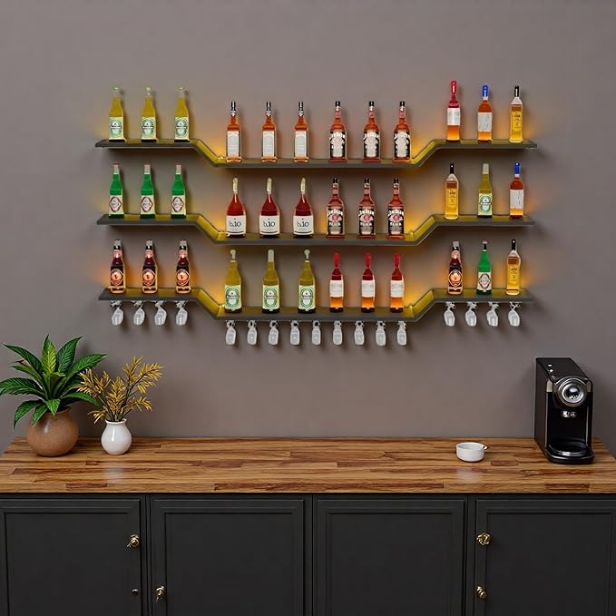 39.4" Wall Mounted LED Wine Rack, 3-Tier Floating Bar Shelves, Large Liquor Shelf with Wine Glass Rack, Large Bar Rack Wall Mounted for Liquor Bottles, Home Bar, Dining Room or Cafe, Black