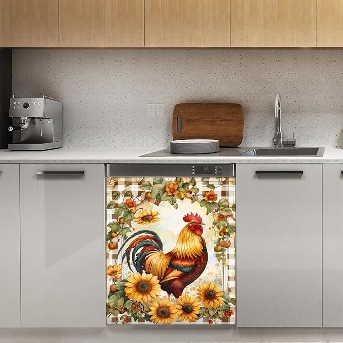 Rooster Sunflower Cute Flowers Dishwasher Magnet Cover, Reusable Refrigerator Panel Stickers Microwave Front Door Covers Magnets for Kitchen Home Appliances Holiday Party Decorations 23 X 26 in