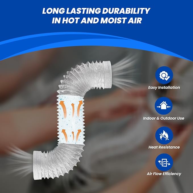 Dryer Vent Hose 4 Inch x 16FT - Flexible Aluminum Dryer Hose with 2 Clamps - Heavy-Duty 6-Layer Dryer Vent Hose for Tight Spaces, HVAC, Bathroom, and Kitchen Exhaust Ventilation