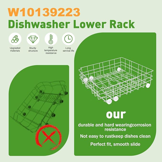 Upgrade W10139223 Dishwasher Lower Rack, 304 Stainless Steel with 6 wheels, designed for a 23-inch built-in dishwasher