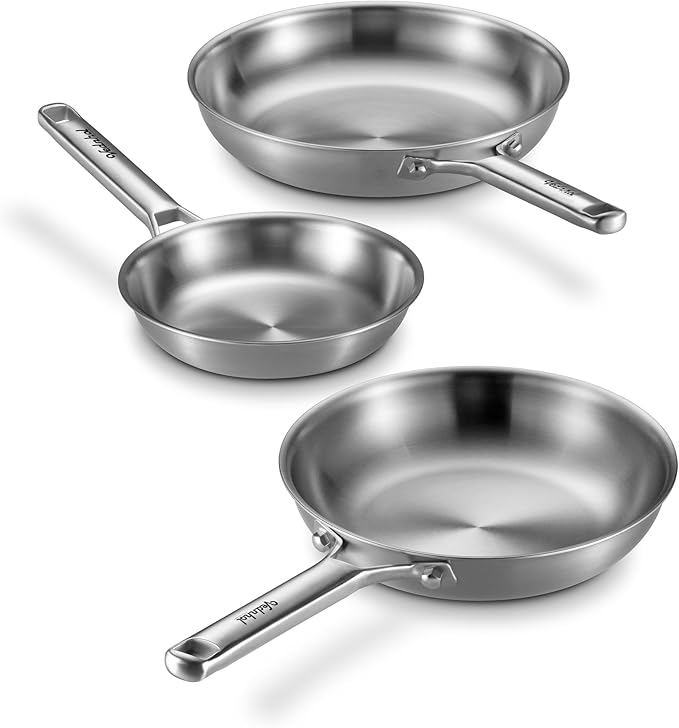 Stainless Steel Frying Pan Set 8+10+12 Inch,Tri-Ply Stainless Steel Skillets,Brushed Steel Pans for Cooking,Oven&Dishwasher Safe,Induction and All Stove Compatible